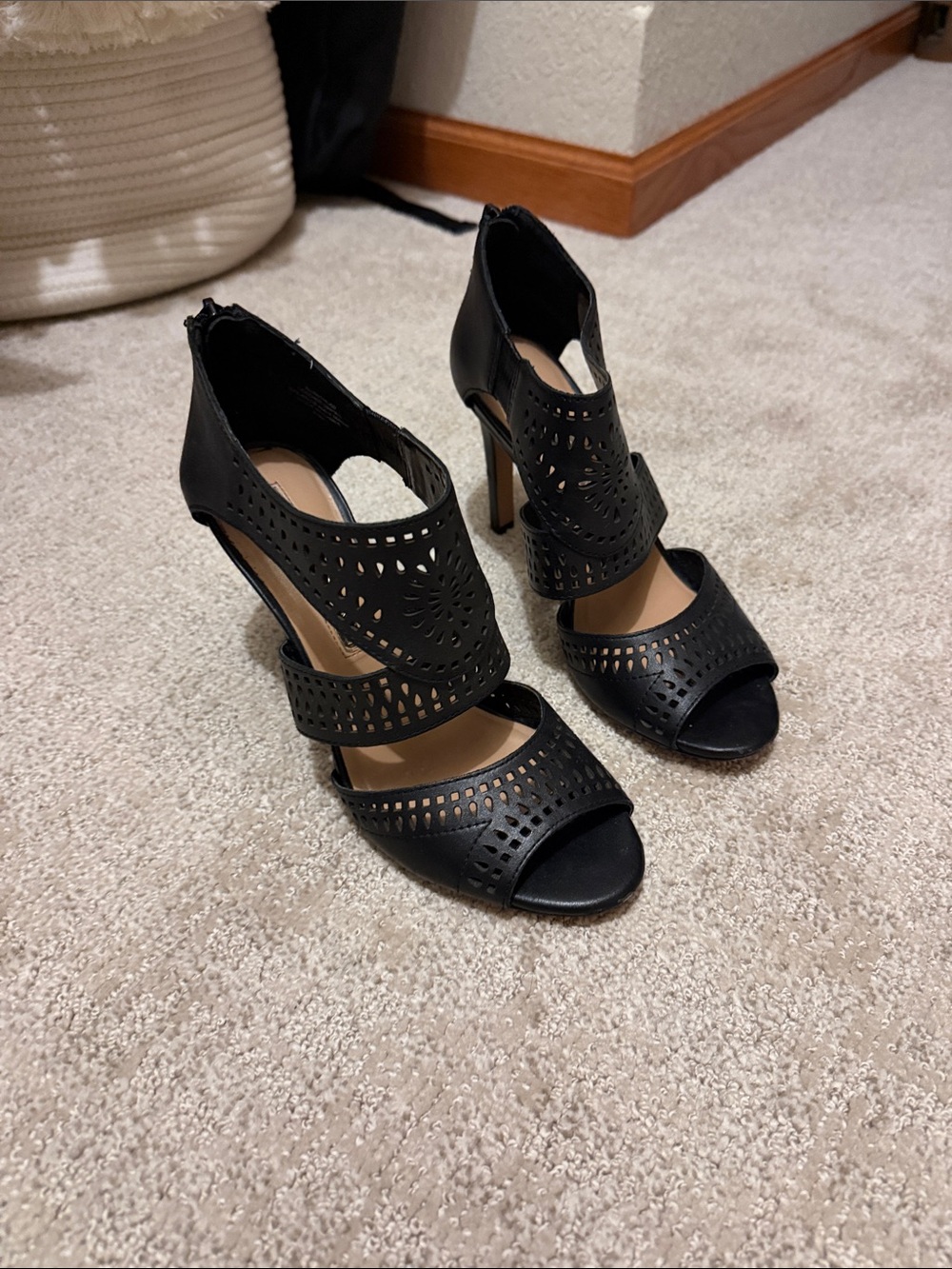 Audrey Brooke Black Laser-Cut Peep-Toe Heels